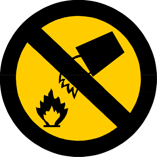 The image shows a black circle with an exclamation mark inside it containing two yellow icons: on top is a fire extinguisher crossed out by a diagonal line through its center; below that icon, there's another symbol of flames being poured into water to create steam or smoke. To the right side outside this circular frame are three black lines forming an arrow pointing towards these symbols and text above them reading "NO FIRE ALLOWED."