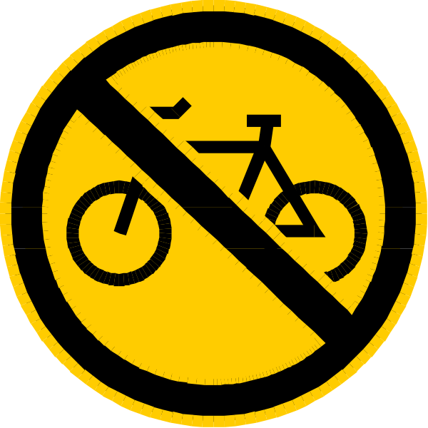 The image shows a no bicycle sign with two smaller signs underneath it indicating that there is also no parking allowed for bikes in this area.