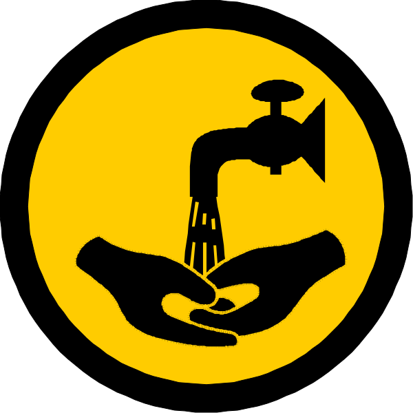 The black and white logo features a yellow hand holding an open water faucet with two hands underneath it as if pouring out liquid from both sides of its spout into each other's palms.