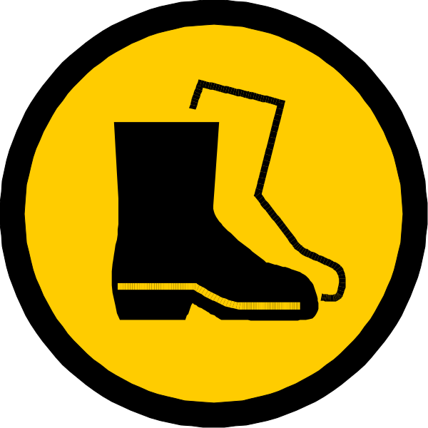 The image shows a black boot with yellow laces inside an orange circle on a white background.