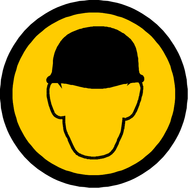 The image shows a black silhouette of an individual wearing a yellow hard hat with white faceplate inside it against a dark background.