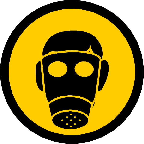 The image shows a circular icon with an illustration of a gas mask inside it against a black background; there is no text present in this clip-art graphic.