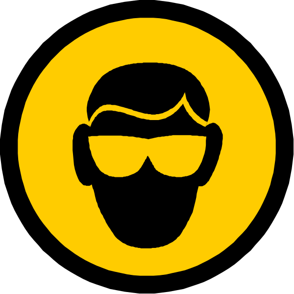 The image shows a black circle with an icon of a person wearing goggles inside it against a yellow background.