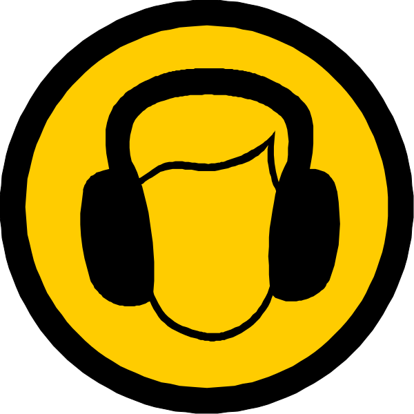 The image shows a yellow headphone icon with an ear on it against a black background.