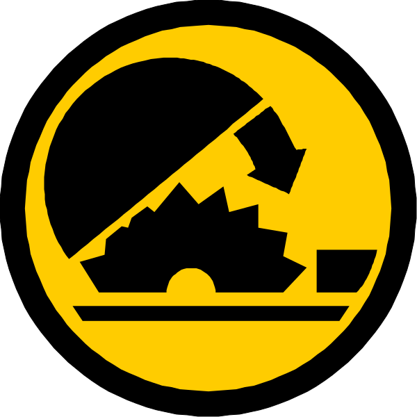 The image shows a black and white icon with an exclamation mark inside it on top of what appears to be a yellow background. Inside this warning sign is another smaller graphic that depicts two gears interlocked, one gear being broken into pieces while the other remains intact. Below these gears are three small figures: at the bottom left corner there's a person with their hands tied together and an exclamation mark above them; in the center of this iconography is another figure holding what looks like a wrench or tool, also marked by an exclamation point; to the