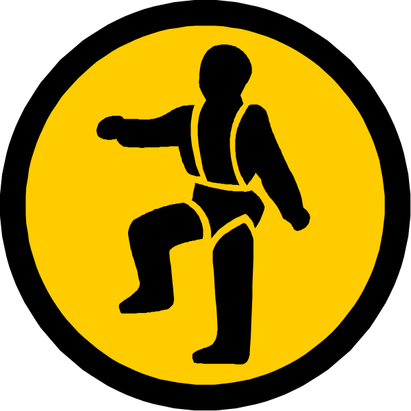 The image shows a black silhouette of an individual performing a handstand on their hands with legs extended upwards against a yellow background within a circular frame that resembles a lifebuoy icon.