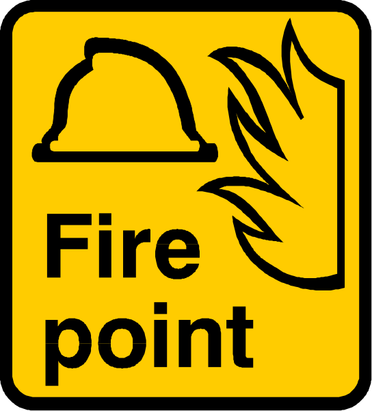 The image shows a yellow sign with black text that reads "FIRE POINT" at its top right corner, featuring an icon of fire flames on either side below it.