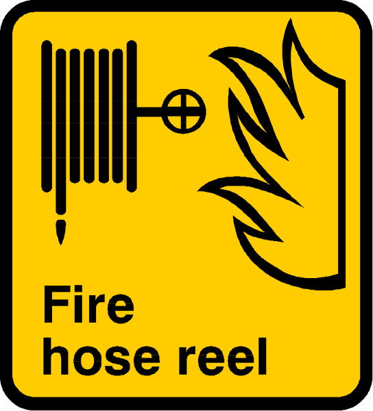 The image shows a yellow sign with black text that reads "FIRE HOSE REEL" accompanied by an illustration of flames on fire hose reel symbolizing danger from heat sources like fires.
