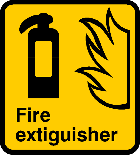 The sign displays a yellow fire extinguisher with flames on it next to an icon of water droplets above text that reads "FIRE EXTINGUISHER."