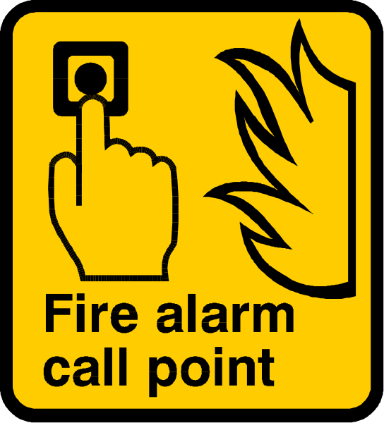 The image shows a yellow sign with black text that reads "FIRE ALARM CALL POINT" accompanied by an icon of a hand pointing to a button labeled 'CALL'.