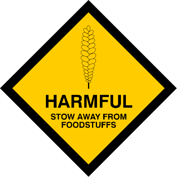 The image features a yellow warning sign with black text that reads "HARMFUL" at top left corner, followed by an illustration of wheat in center right area, and below it is additional text stating "stay away from food stuffs."