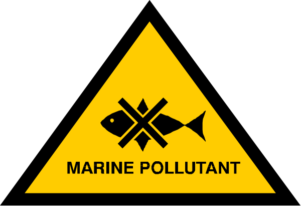 The image shows a warning sign with an illustration of fish above it that reads "MARINE POLLUTANT."