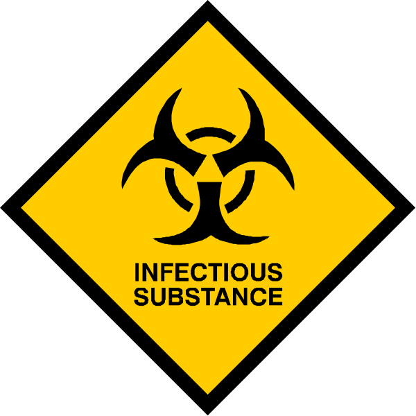 The image shows a yellow hazard sign with black text that reads "INFECTIOUS SUBSTANCE" on it against a dark background.