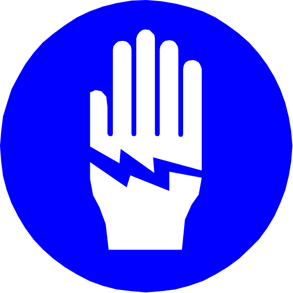 The image shows a blue circle with two white symbols: an electric bolt on top left corner of the sign indicating danger from electricity; below it is another symbol depicting hands clasped together in front of each other, suggesting that touching these signs may be dangerous due to electrical hazards.