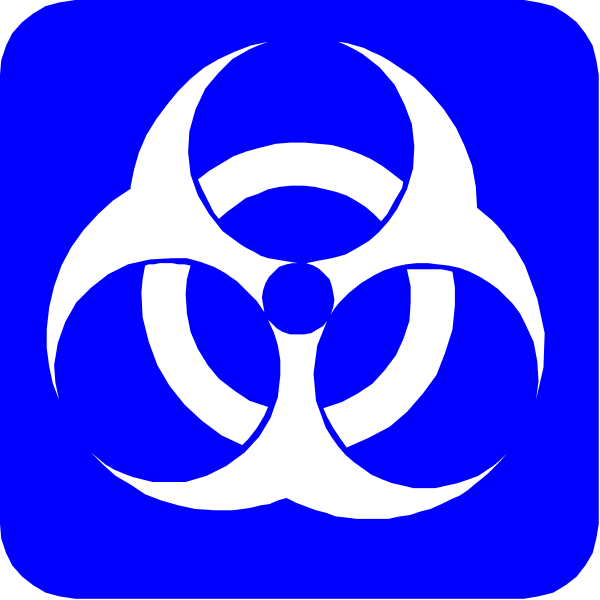 The image shows a blue hazard sign with white symbols representing biological hazards inside it against a dark background.