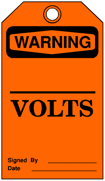 The image shows a warning sign for electrical hazards with text that reads "WARNING VOLTS" on an orange background inside of which is black lettering indicating danger from electricity.