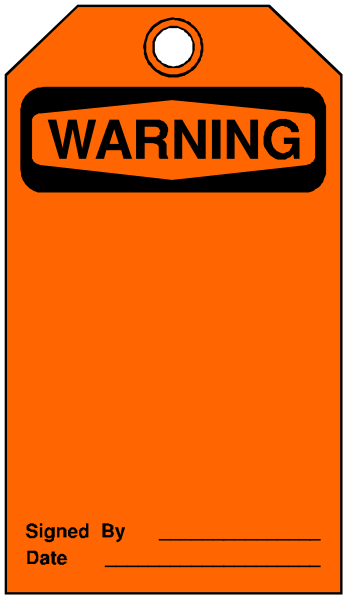 The image shows a warning sign with an orange background that has black text on it stating "WARNING" at top followed by smaller white letters spelling out "CAUTION." Below this is another line of small, bold red lettering reading "DO NOT ENTER," and below that are the words "AUTHORIZED PERSONNEL ONLY". The sign also features a clip-art image on its right side depicting an orange tag with black text stating "WARNING" at top followed by smaller white letters spelling out "CAUTION." Below this is another line of small,