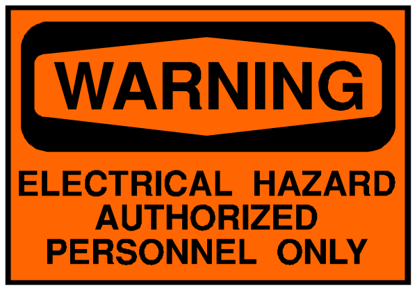 The image shows a warning sign with orange lettering on black background that reads "WARNING ELECTRICAL HAZARD AUTHORIZED PERSONNEL ONLY" in bold letters at top of sticker, followed by smaller text stating "Electrical hazard authorized personnel only." Below this is an additional cautionary note saying "Authorized Personnel Only," and the bottom part features a red rectangle with white lettering that reads "WARNING WARNING ELECTRICAL HAZARD AUTHORIZED PERSONNEL ONLY" in bold, capital letters. The sticker has been