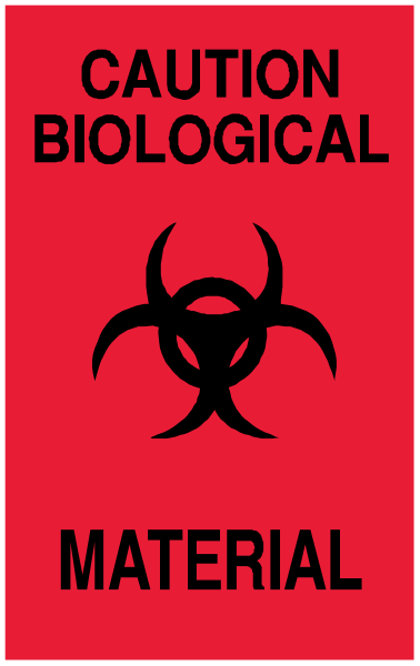 The image shows a red sign with white text that reads "CAUTION BIOLOGICAL MATERIAL" in bold letters at top; below this is an emblem resembling a biohazard symbol, which includes two interconnected arrows forming a circle and the word 'MATERIAL' beneath it. The background of the sign appears to be white with red borders on all sides except for one side that has black text reading "CAUTION BIOLOGICAL MATERIAL."