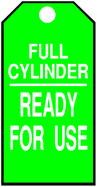 The image shows a green sign with white text that reads "FULL CYLINDR INSIDE" on top of another line of smaller print stating "READY FOR USE."
