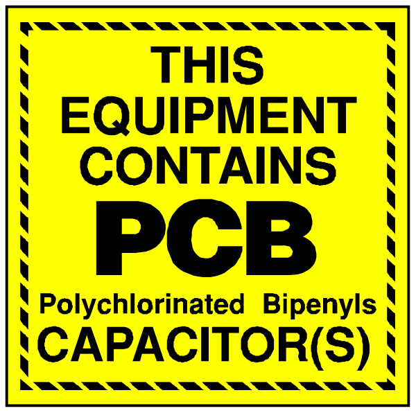 The image shows a warning label with text that reads "THIS EQUIPMENT CONTAINS POLYCHLORINATED BIPENYLS (PCBs)" in black letters on yellow background, and below it is an illustration of two stylized hands holding the equipment.