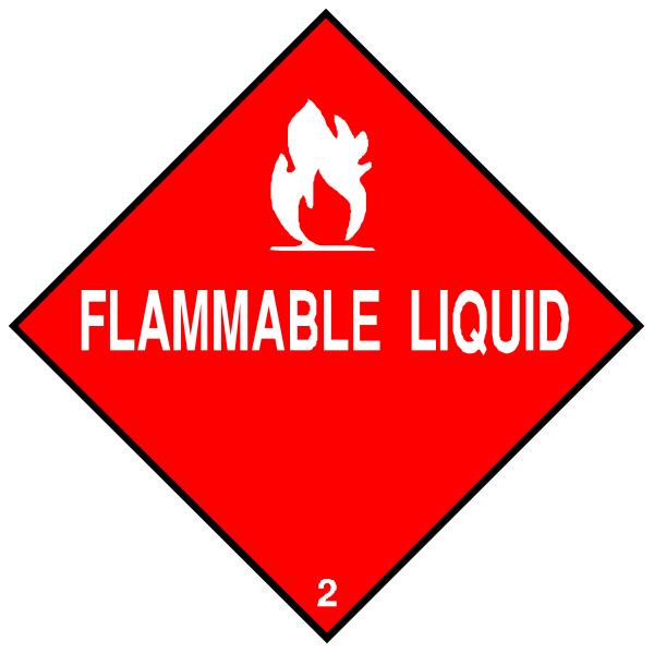 The image shows two red hazard signs with a white border featuring an illustration of flames on them next to text that reads "FLAMMABLE LIQUID."