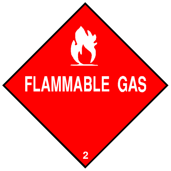 The image shows two hazard signs with a red background featuring white text: "FLAMMABLE GAS" on one sign and "HAZARDOUS MATERIALS" on another, both accompanied by symbols indicating fire danger (a flame) in each case.