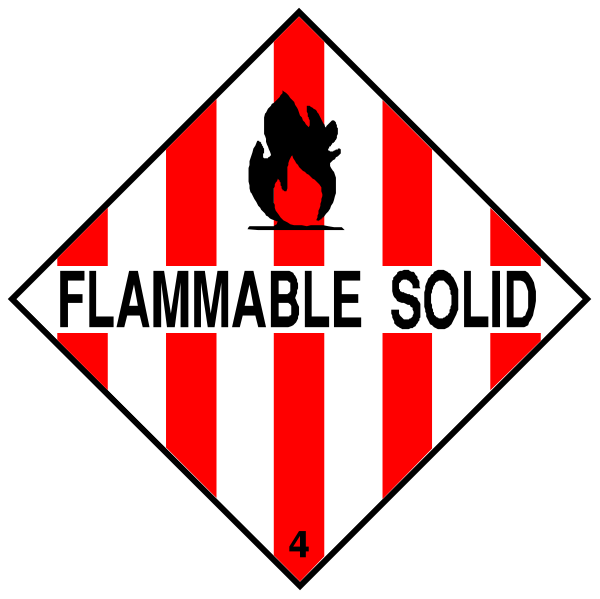 The image shows two hazard signs with a flame symbol on them against red backgrounds; each sign has white text that reads "FLAMMABLE SOLID."