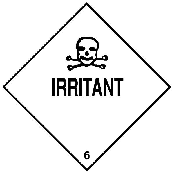 The image shows two hazard symbols: a skull with crossbones labeled "IRRITANT" on top of another symbol that is also marked as an irritant but without any additional details about its contents, and it's placed in front of what appears to be a black background or surface.
