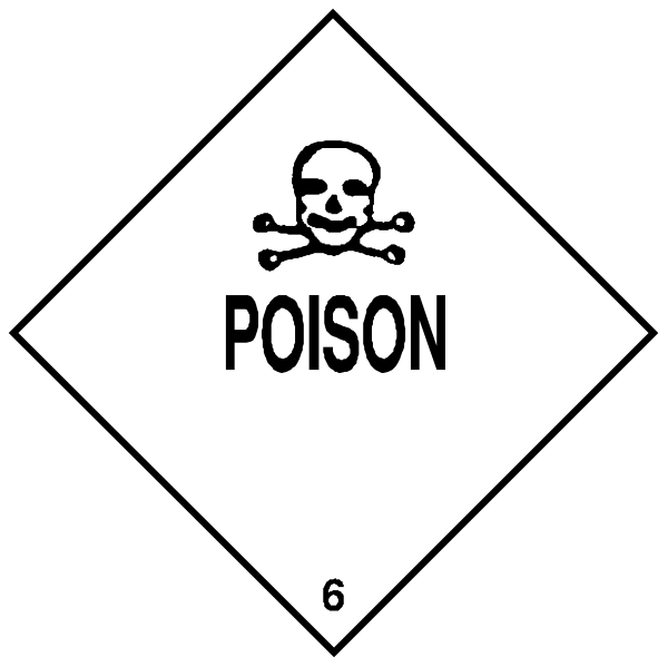 The image shows a black and white hazard sign with two distinct symbols: on top is an icon of poison accompanied by text reading "POISON," indicating danger; below it is another symbol representing toxic gas, which typically looks like a skull in a circle surrounded by bones or crossbones.