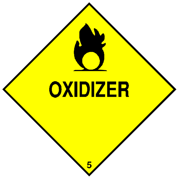 The image shows a hazard sign with two yellow triangles containing black text: "OXIDIZER" on top of one triangle and "ODORIZER" below it.
