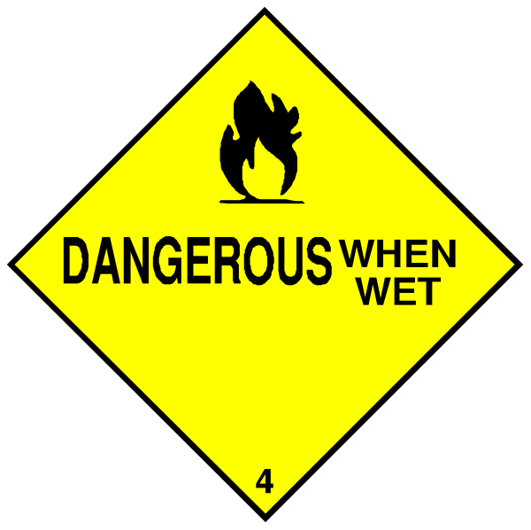 The image shows two hazard signs with a yellow background featuring black text on each side of an icon depicting fire flames in white against a red backdrop. On one sign it reads "DANGEROUS WHEN WET" and below that, there is another smaller sign stating the number 4. Both signs are connected by two lines to form a diamond shape with four points at its corners. The style of this image appears to be informational or warning-related due to the hazard symbols used on it. There's no depiction of people, animals, actions,