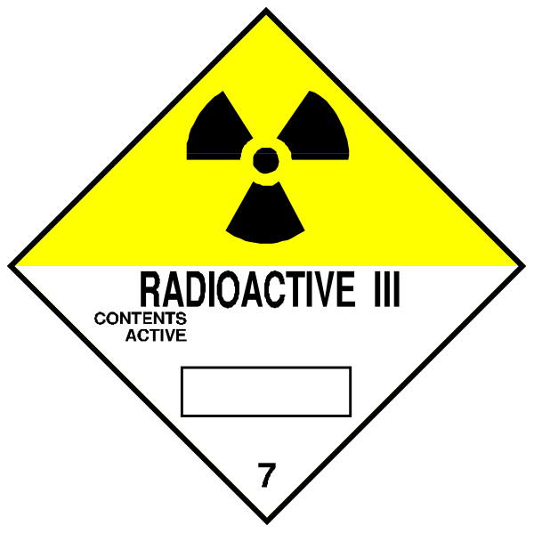 The image shows a black and white warning label with two different symbols: on top is an atomic symbol indicating radioactivity (radiation hazard), below it is another sign that says "Radioactive III" in bold, capital letters within a yellow diamond shape outlined by red border lines.