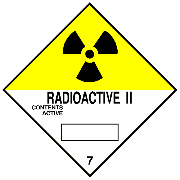 The image shows a black and white warning sign with two hazard symbols: radioactive (yellow) on top of explosive (red).