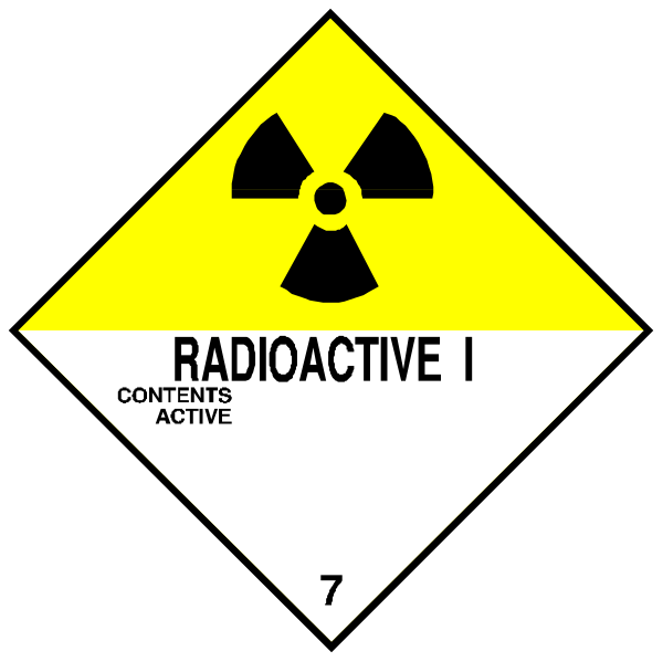 The image shows a warning sign with two hazard symbols: radioactive (yellow) on top of explosive (black).