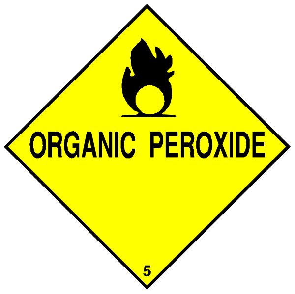 The image shows two hazard signs with text on them: "ORGANIC" at top left signifying a warning about organic substances; bottom right sign indicating danger of poisoning by sodium hydroxide, which is represented as an icon resembling fire and water droplets.