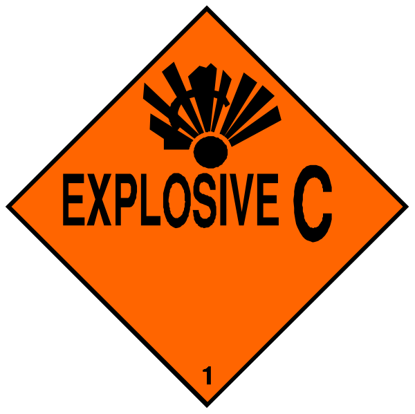The image shows two hazard signs with a black background featuring orange text on them: "EXPLOSIVE C" in one sign and "HAZARDOUS MATERIALS DO NOT ENTER AREA 1" in another, both indicating cautionary warnings related to explosive materials. There is no additional context provided about the setting or objects present within it. The image focuses solely on these signs without any other elements visible.