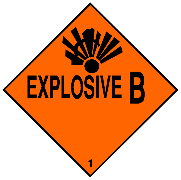 The image shows two hazard signs with text on them: "EXPLOSIVE B" at top left corner of a square sign in orange color against black background; below it is another smaller rectangular sign that reads "BOMBS."