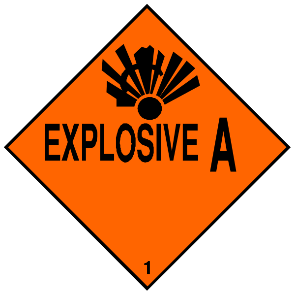The image shows two orange hazard signs with black text that read "EXPLOSIVE A" on both sides of a central symbol resembling an explosion.