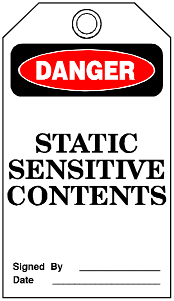 The image shows a sign that reads "DANGER" at top with an exclamation mark inside of it. Below this is text stating "Static Sensitive Contents." At bottom right corner there's a red rectangle containing white letters spelling out "SENSITIVE CONTENTS".