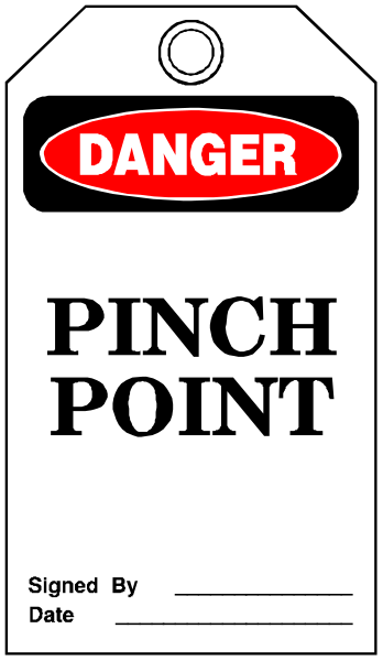 The image shows a sign with text that reads "DANGER PINCH POINT" on it along with additional instructions for handling hazardous materials.