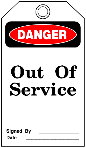 The image shows a sign with text that reads "DANGER OUT OF SERVICE" on top of it.