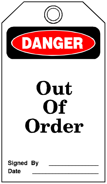 The image shows a sign that says "DANGER OUT OF ORDER" with an additional note stating it is signed by someone on date 12-30. It appears to be in black and white, possibly indicating caution for something being out of order or unavailable at the time indicated by the signature. There are no other objects, people, animals, actions, or setting visible within this small clip art image. The focus is solely on the sign itself with its message about danger and an expired date.