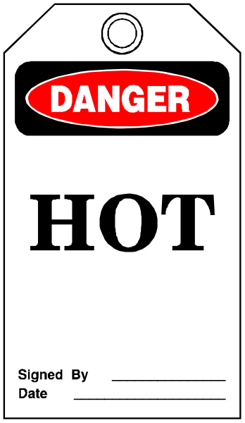 The image shows a sign with "DANGER" written on it at top, followed by an exclamation mark in red text below that says "HOT". Below this warning is another line of black text stating "NOT TO BE TURNED ON OR OFF", and beneath the warnings there's a white label. The background color appears to be gray or light brown with some texture resembling paper, giving it an aged look.