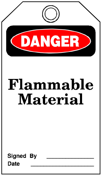 The image shows a warning sign for flammable material with text that reads "DANGER FLAMMABLE MATERIAL" in bold red letters on top of white background. Below this is an illustration of flames and below it, there's another line stating the word "FLAMMABLE." The bottom part features a black-and-white sign with text that says "Flammable Material," followed by instructions to fill out information such as name, address, date signed in white letters on top.