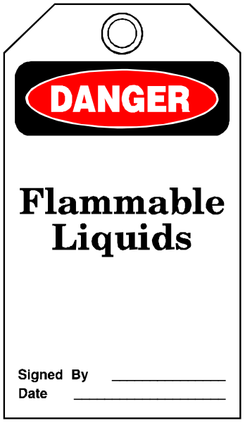 The image shows a sign with text that reads "DANGER FLAMMABLE LIQUIDS" at top in bold red letters on white background; below this is an illustration of a lit candle, indicating flammability hazard.