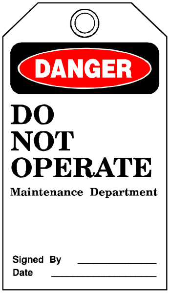 The image shows a sign with "DANGER" written on it at top left corner followed by "DO NOT OPERATE". Below this is an instruction to report maintenance issues in black text against white background, and there's also information about signing up for date of service or reporting the issue.