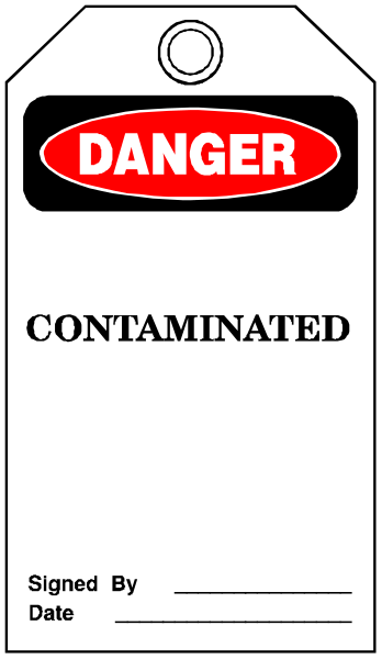 The image shows a sign with "DANGER" written on it at top, followed by an exclamation mark in red text inside of two black circles. Below this is white lettering that reads "CONTAINAMENTED." At bottom right corner there's a small date stamp indicating the item was signed and dated 12/30. The sign has a rectangular shape with rounded corners, resembling an actual cautionary label one might find on hazardous materials or restricted areas in industrial settings. There is no background detail visible; only the white paper of