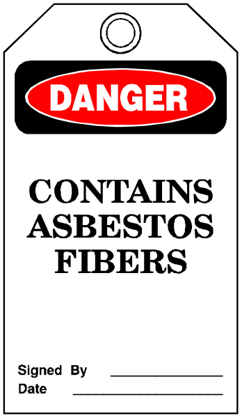 The image shows a sign with text that reads "DANGER CONTAINS ABSESTOS FIBERS" on top of it in bold letters, followed by smaller print stating "SIGNED BY DATE." Below this warning is an illustration depicting what appears to be asbestos fibers.