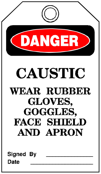 The image shows a sign with text that reads "DANGER CAUSTIC WEAR RUBBER GLOVES GOGGLES FACE SHIELD AND APRON" in bold letters on top, followed by smaller print stating "SIGNED BY DATE."